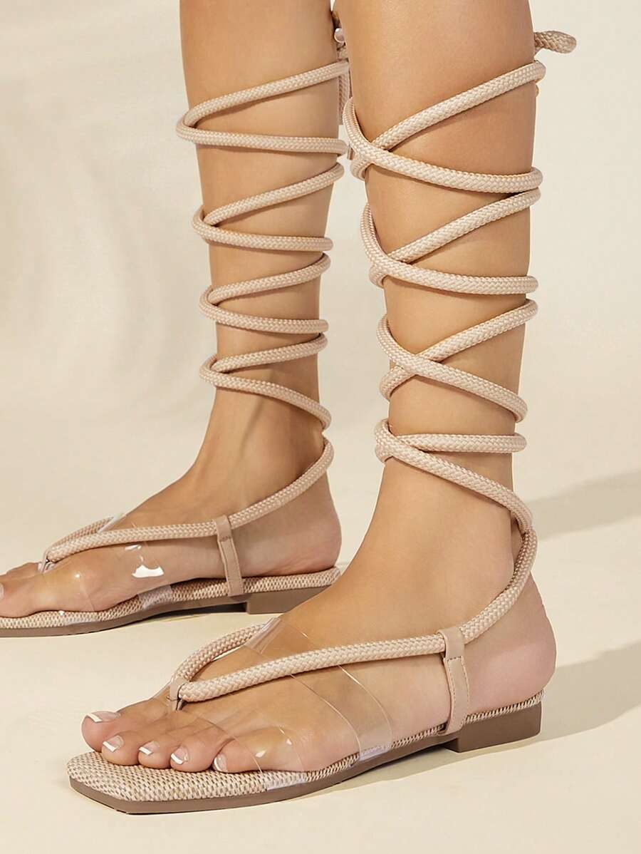 SHUZIA صنادل نسائية مسطحة بحزام صلب بلون سادة وحلقة إصبع