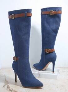 SHUZIA Denim Pointy Toe Knee High Boots - Blue - View 6