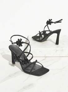 SHUZIA Square Toeflower Thin Strippy High Heel - Black - View 5
