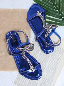 SHUZIA Chóp giầy tròn Dây đeo mắt cá chân Dép phẳng - Xanh đậm - Xem 2