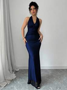 Rafferiza 优雅修身鱼尾下摆 V 领腰部褶皱针织网眼玫瑰红色衬里长款连衣裙，适合秋冬女士 - 寶藍色 - 查看 4