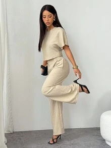 SHEIN PETITE Bộ 2 món/Bộ đồ nữ màu trơn xếp ly áo sơ mi và quần âu thường ngày, trang phục công sở thường ngày cho nữ, trang phục công sở cho nữ, trang phục giáo viên cho nữ, bộ đồ mặc nhà 2 món cho nữ, bộ đồ hai mảnh thường ngày - Màu be - Xem 7