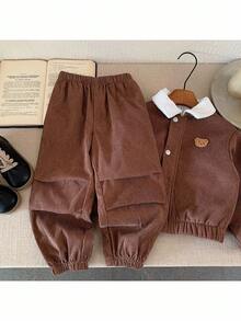 2件套男童梭织领休闲夹克和保暖内衬裤子套装 - 棕色 - 查看 2