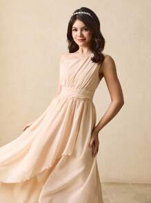 少女细肩带腰部荷叶边下摆优雅派对连衣裙，适合万圣节、圣诞节 - 杏色 - 查看 6