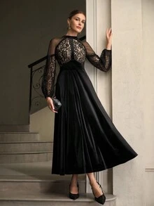 ZEYLAH Lace Patchwork Velvet Long Sleeve Dress, Autumn/Winter - Black - View 5
