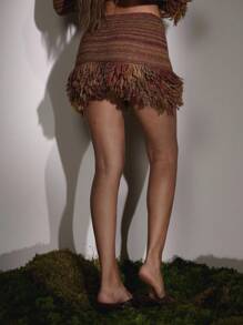 MUSERA Striped Knit Tassel Detail Fitted Mini Skirt Fall Autumn Cute Country Western Night Out Sexy Club Y2k 90's Sync  Chic