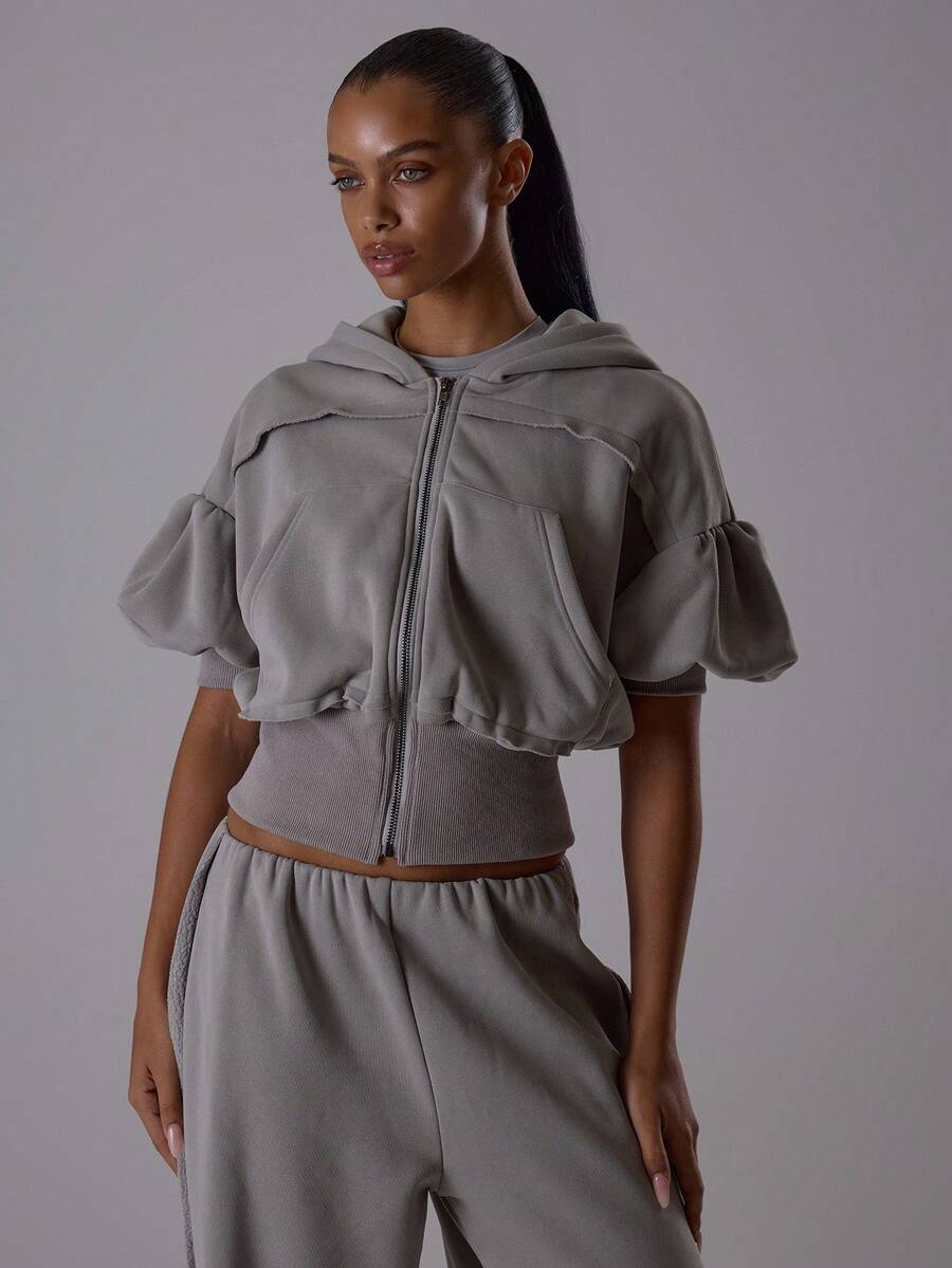 MUSERA 露脐收腰短款灯笼袖露缝细节连帽卫衣上装，优雅夜出性感可爱酷女孩街头风 Dawn - 灰色 - 查看 1