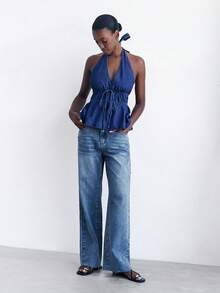 Maija Atasan Denim Biru Wanita dengan Punggung Terbuka dan Leher Halter, Atasan Tanpa Punggung Seksi untuk Liburan - Dark Wash - View 6