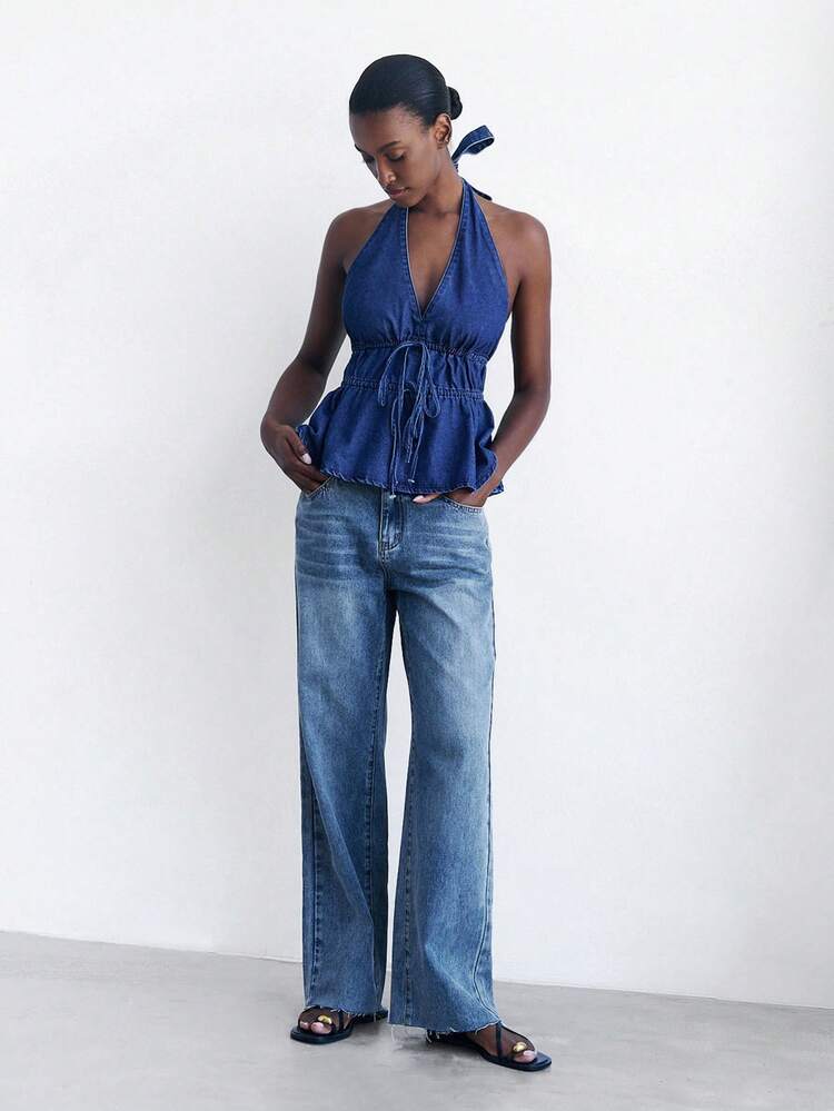 SHEIN Maija Women's Blue Denim Top With Open Back And Halter Neck, Sexy Backless Top For Vacation