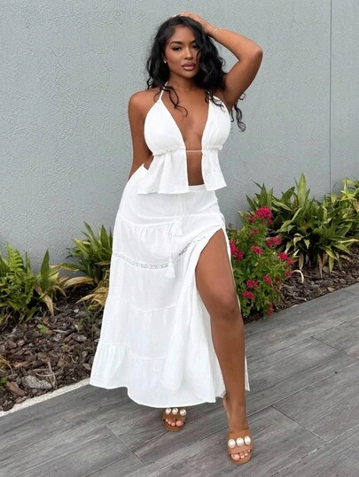 Alexandranx 2025 波西米亚风女士沙滩裙 - 高开叉亚麻混纺多层长裙，松紧腰带和蕾丝花边，音乐节必备品和度假装 | 夏季 A 字裙装，女士夏季装，女士度假装，女士沙滩装