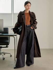 DAZY Women's Loose Business Casual Elegant Stand Collar Brown Cinched Waist Overcoat, Suitable For New Year, Christmas, Autumn/Winter - Chocolate Brown - View 2