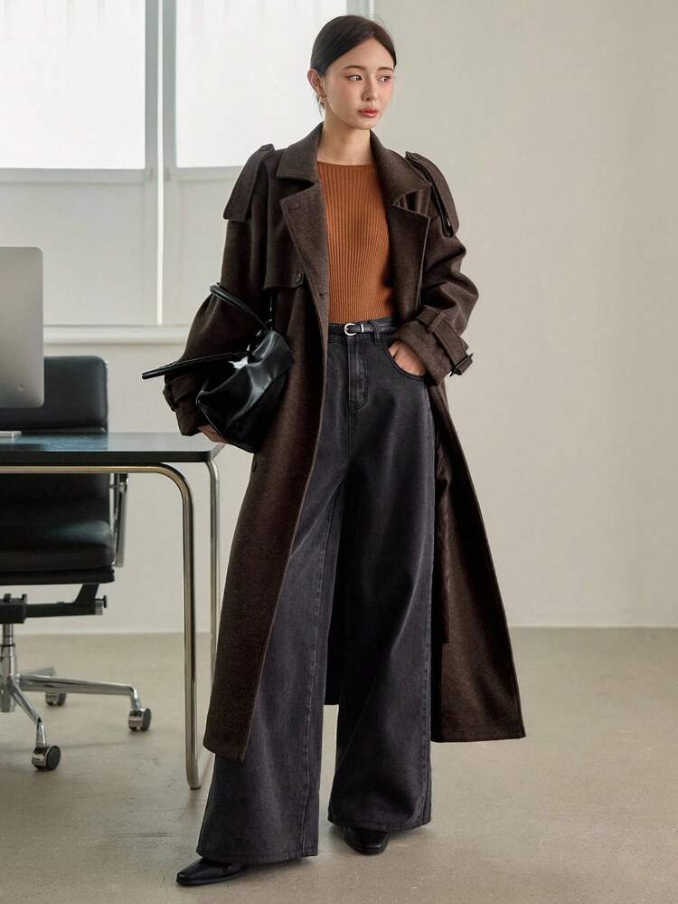 Women's Loose Business Casual Elegant Stand Collar Brown Cinched Waist Overcoat, Suitable For New Year, Christmas, Autumn/Winter