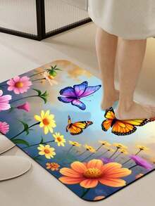 1pc Super Absorbent Diatomite Bathroom Mat, Non-Slip, Quick Drying Rug, Gorgeous Dreamy Flowers And Butterflies Non-Slip Absorbent Bathroom Mat, Soft Diatom Mud And Rubber Backing, Easy To Clean Quick Drying Bathroom, With Bright Floral Butterfly Design, Suitable For Bathroom Living Room Laundry Room Home Decoration, Bathroom Bath Mat, Easy To Clean Material - Multicolor - View 8