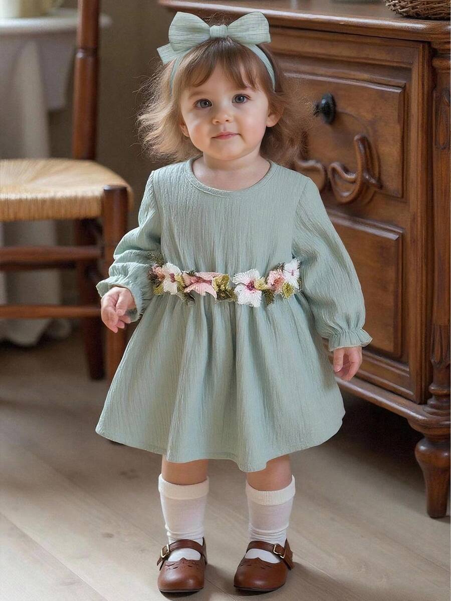 SHEIN Baby GirlRound Neck Waist Floral Design Long Sleeve Dress + Matching Headband, Simple Cute Fresh Spring/Autumn Elastic Waist Comfortable Princess Dress - Green - View 1