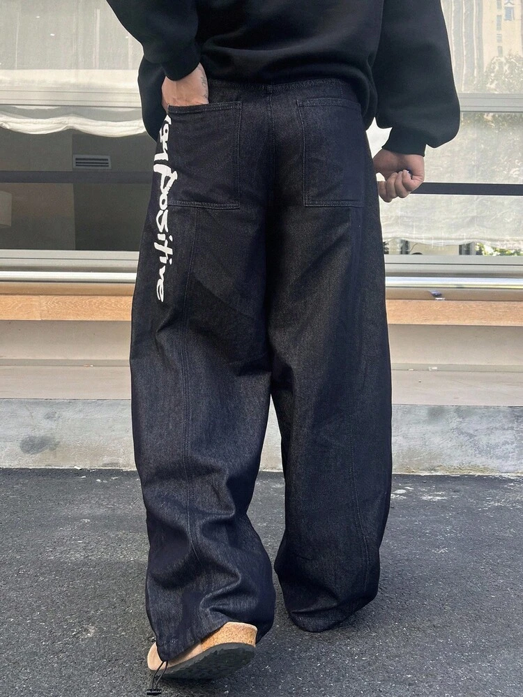 Navy Blue Blue Original Color Denim Letter Print Design Cocoon Pants Streetwear Style Men's Jeans, Autumn