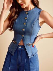 Vintamour Top casual pentru femei din denim, spălat, cu nasturi în față, topuri de toamnă, business, birou, serviciu, top formal - Spălare medie - Vizualizare 3
