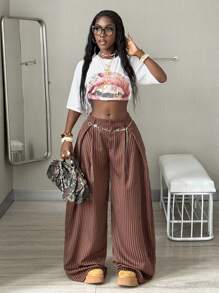 Coolane Women's Fall/Winter Cool Girl Vintage Casual Streetwear Going Out Oversized Brown Curved Hem Pants Pants Striped Cargo Pants - Brown - View 5