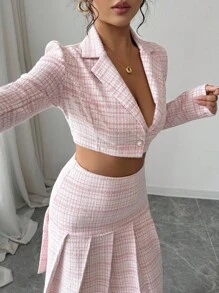 Elenzga 女士职业格子针织短夹克和褶皱 A 字裙两件套，优雅浪漫 - 粉色 - 查看 7