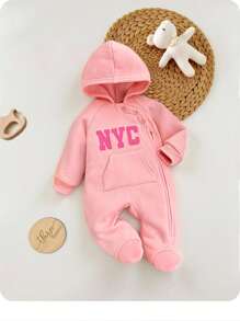 新生女宝宝可爱粉色针织字母图案长袖连体衣，秋冬季 - 粉色 - 查看 2