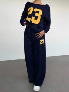 Aloruh 2件套女士休闲数字印花落肩长袖运动衫和裤子套装 - 藏蓝色 - 查看 6