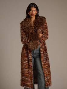 Aloruh 女式长款开衫，彩色条纹波西米亚风格外套，配有人造毛领和袖口，适合秋冬季 - 彩色 - 查看 2