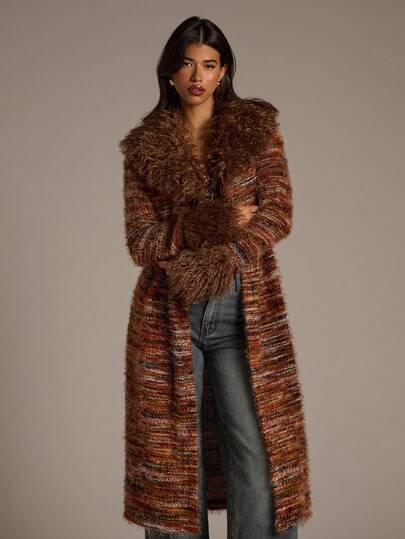 Aloruh Women's Long Cardigan, Colorful Striped Bohemian Style Outerwear With Faux Fur Collar And Cuffs, Suitable For Autumn/Winter Halloween Costumes Winter Clothes For Women Halloween Clothes Fall Clothes Fall Outfits For Women Halloween Clothes For Women Halloween Costume For Women Halloween Costumes For Women Winter Women's Winter Clothes