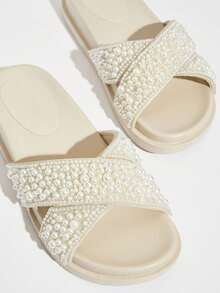 SHUZIA Pearl Bead Criss Cross Strap Footbed Sandal - Green - View 6
