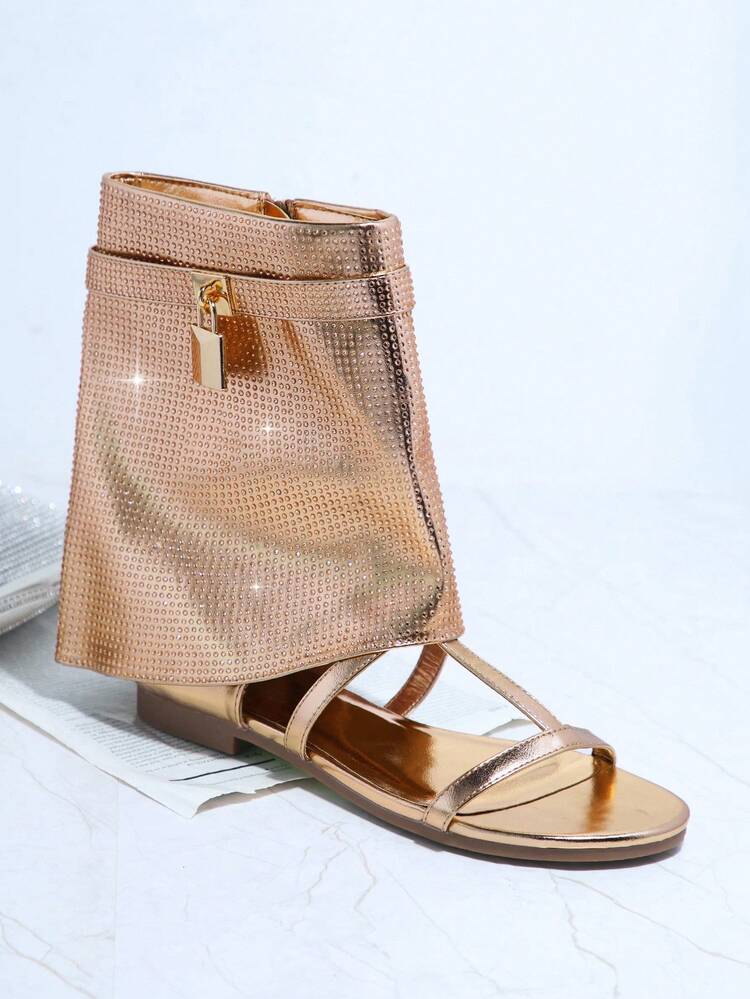 Metallic PU Leather Ankle Wrap Sandals Sandals