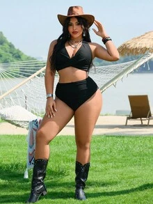 Swim Vcay 大码女式夏季沙滩交叉前系性感比基尼套装 - 黑色 - 查看 3