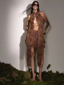 MUSERA Chân váy ngắn tua rua dệt kim, kiểu dáng dễ thương đồng quê miền Tây, thích hợp cho buổi tối đi chơi, tiệc mùa đông thanh lịch, tiệc tối, lễ hội mùa hè. - Gỗ đỏ - Xem 5