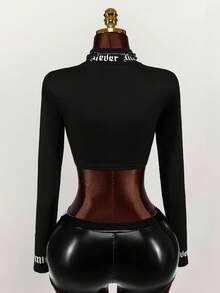 Amplova Black Standing Neck Thumbhole Cut Letter T-Shirt - Black - View 2
