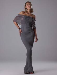 MUSERA Đầm maxi dệt kim xuyên thấu trễ vai với lớp áo hai dây bên trong, thích hợp cho buổi tối sang trọng, mùa thu, gợi cảm, dễ thương, phong cách đường phố, đón năm mới, mùa xuân. - Màu xám đen - Xem 1