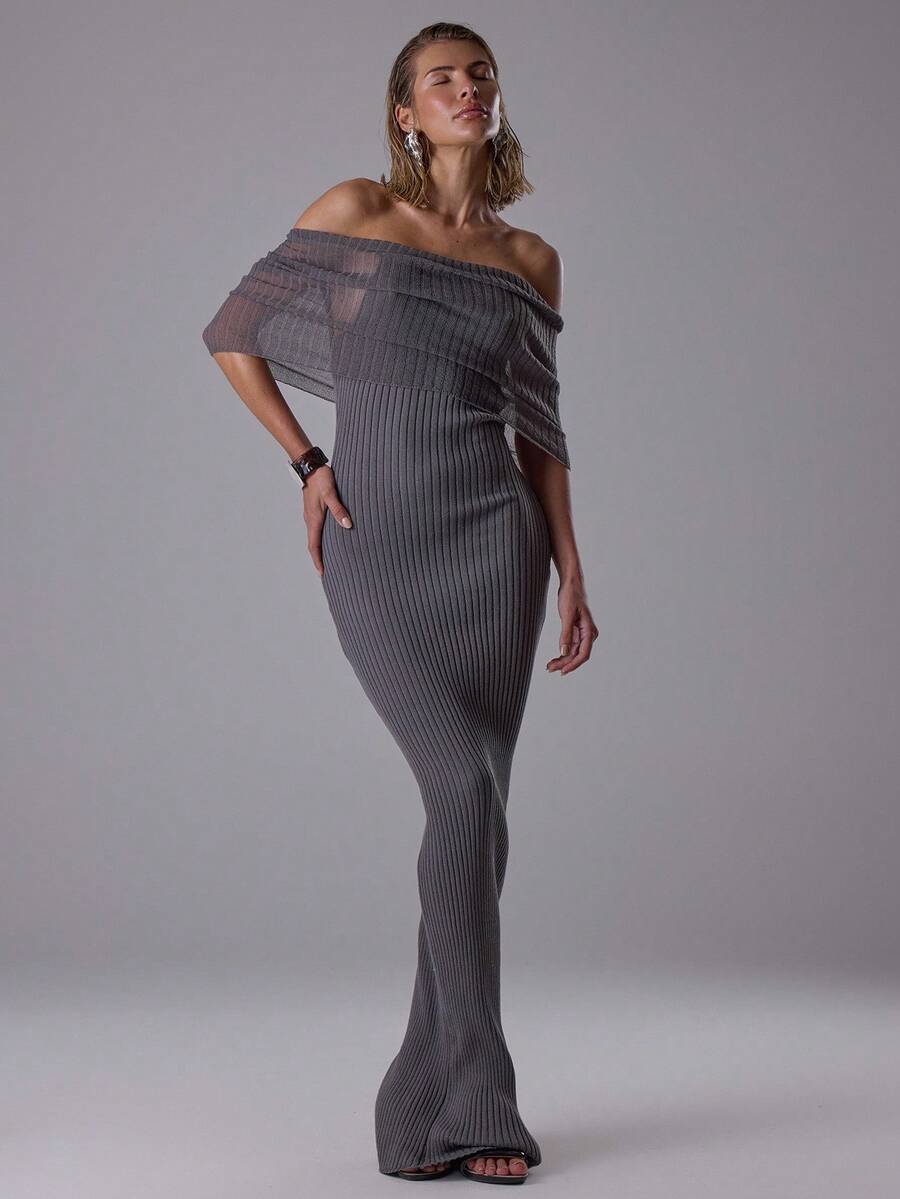 MUSERA Đầm maxi dệt kim xuyên thấu trễ vai với lớp áo hai dây bên trong, thích hợp cho buổi tối sang trọng, mùa thu, gợi cảm, dễ thương, phong cách đường phố, đón năm mới, mùa xuân. - Màu xám đen - Xem 1