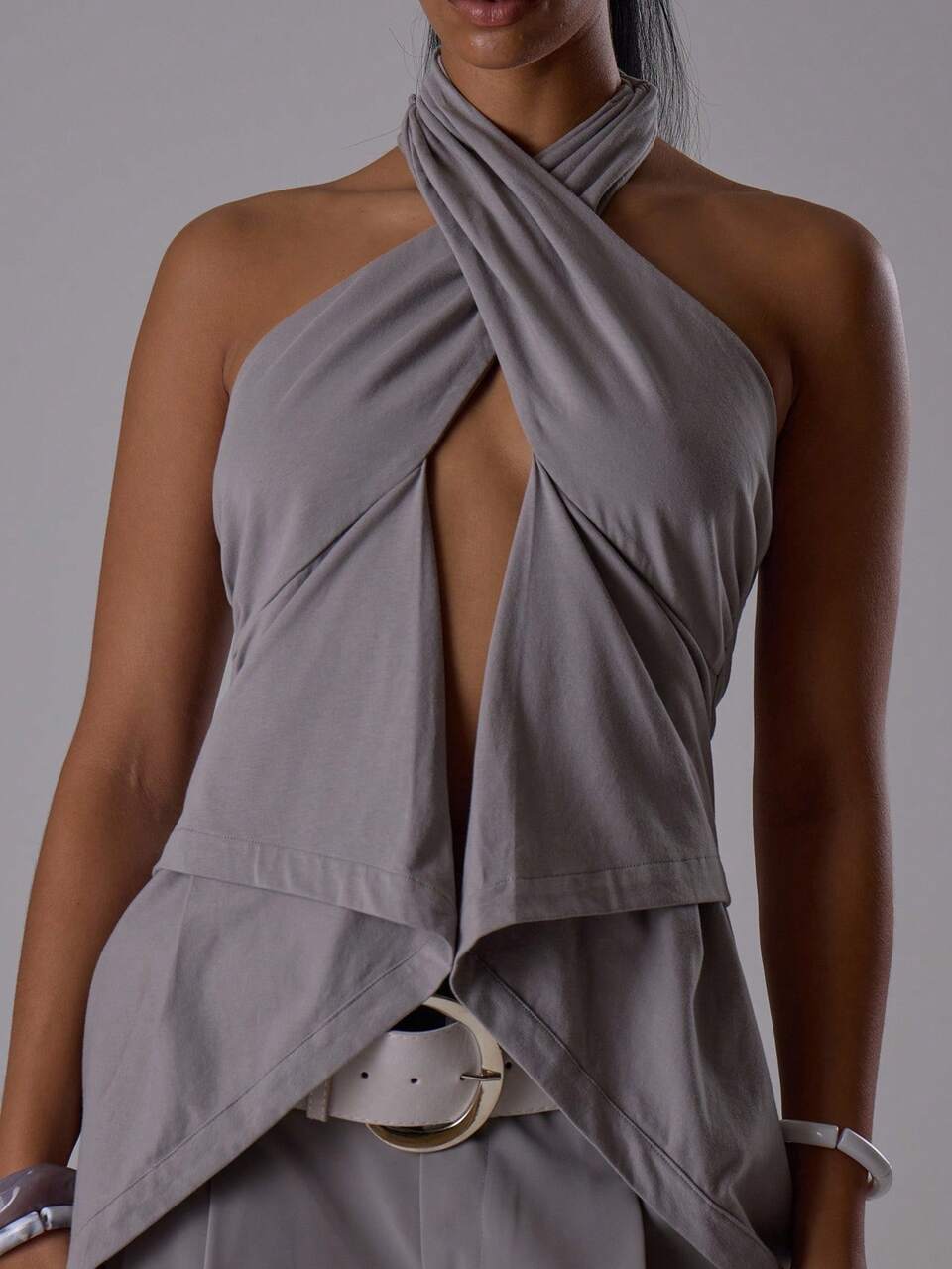 Einzigartiges Wickel-Halterneck-Top mit offenem Ausschnitt, drapiert, elegant für Abendausgänge, Herbst, Sexy, Süß, Coole Mädchen Streetwear, Morgendämmerung, elegant für Feiertage, Frühling, Sommer