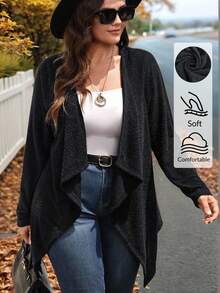EMERY ROSE Plus Size Women's Solid Color Long Sleeve Open Front Casual Loose Coat,Soft Drape Duster Cardigan For Stylish Everyday Wear,Black,Winter,Casual,Hiking - Black - View 1