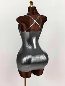 Amplova Women's Cowl Neck Silver Bodycon Mini Dress With Hip Package Design,Summer DressesSpring Clothes - Silver - View 2