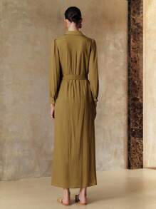 Arave Đầm suông Tencel trơn màu cổ bẻ cài nút trang trí tay dài thắt eo thắt nơ thoải mái thoáng khí, thích hợp mặc hàng ngày, đi nghỉ, hẹn hò, đi làm, mua sắm vào mùa hè và mùa thu - Màu xanh Ô liu - Xem 3