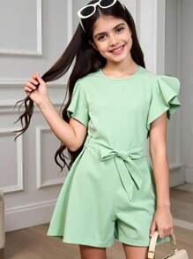 Girls' Round Neck Sleeveless Ruffle Trim Belted Short Jumpsuit, Vacation Wear - Mint Green - View 9