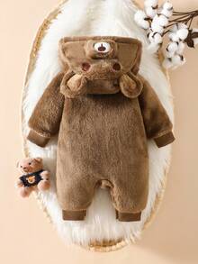 Newborn Baby Plush Brown Bear Hooded Romper, Thick Fleece Jumpsuit, Unisex Cute & Funny Loose Soft Baby Clothing, Suitable For Boys And Girls, Everyday Wear Or Outings, 0-9 Months Fall Winter - Brown - View 2