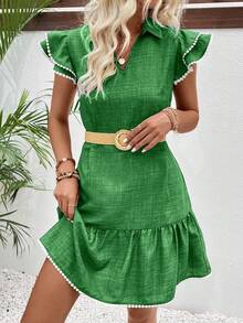 SHEIN LUNE 女式度假V领盖袖荷叶边下摆休闲连衣裙 - 橄欖綠 - 查看 6