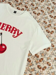SHEIN EZwear 超大樱桃图案白色圆领短袖 T 恤，女士休闲宽松款，夏季棉混纺