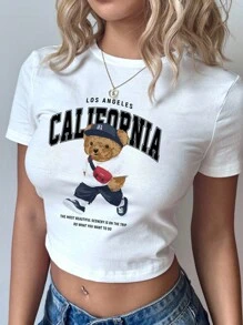 SHEIN EZwear Casual Minimalist California Collegiate Bear Graphic Round Neck Short Sleeve Crop Top Tee For Women Back To School