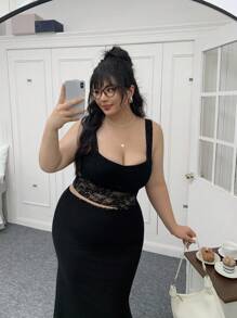 CovetEZ Plus Size Black Vintage Lace Tank Top, For Summer - Black - View 6