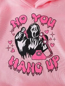 SHEIN Explorewe Bộ 2 món đồ thời trang dạo phố cho bé gái, áo hoodie in hình mặt ma và quần cargo đen, thời trang cho các bữa tiệc và chuyến đi chơi - Hồng - Xem 7