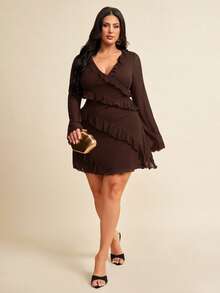 SHEIN BAE 加大码长袖连衣裙，浪漫甜美荷叶边秋季连衣裙，适合约会、旅行、秋季内衣、蝴蝶结、女士夏季连衣裙、女士节日派对服装、优雅、生日服装、网眼、性感连衣裙、生日礼服、返校女孩服装、女孩夏季服装、秋季服装、校服、万圣节、冬季、Y2k 服装、复古、女士度假服装、加大码女装、女士夏季连衣裙、7 月 4 日女士 - 咖啡棕 - 查看 3