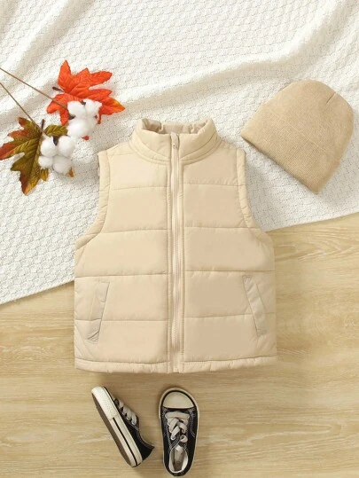 SHEIN Vintaside Kids 休闲纯色拉链无袖男童冬季外套，开学季