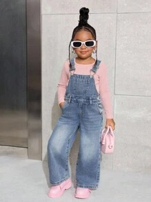 SHEIN Young Girl' Y2K Loose Fit Blue Denim Overalls,Fall Kid's  Casual And Comfortable  Wear,Winter Clothes,Street Wear - Light Wash - View 6