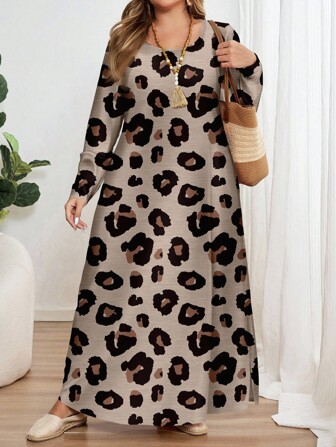 EMERY ROSE Plus Size Round Neck Leopard Print Long Sleeve Loose Fit Dress For Autumn & Winter Autumn And Winter