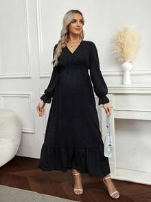 SHEIN 孕妇纯色交叉褶皱腰褶优雅连衣裙 - 黑色 - 查看 4