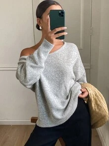 Livesso Autumn/Winter New Loose Casual Slouchy Shoulder Design Women Sweater